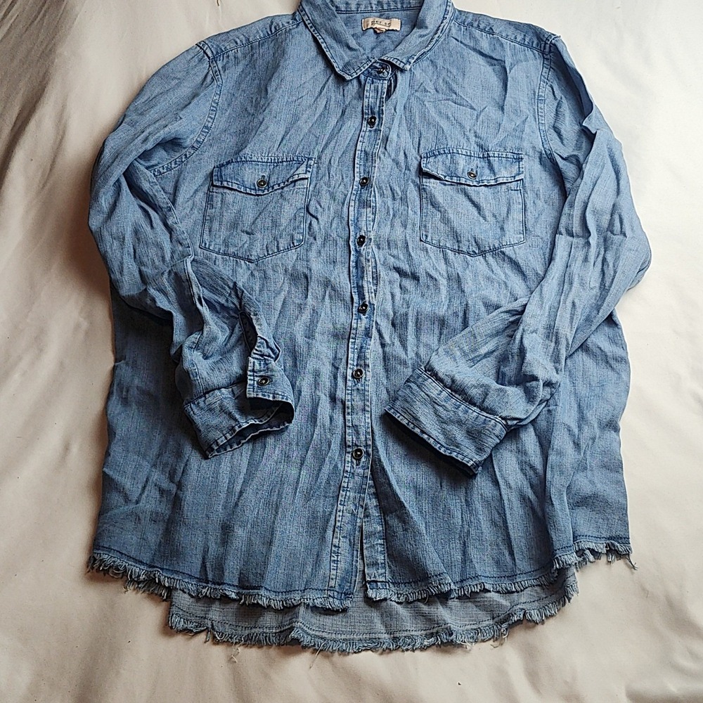 Per Se Chambray Button-Down Shirt Light Blue Women's Size Large
